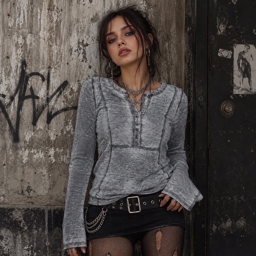 Y2K Waffle Knit Henley Top Womens Small Acid‎ Wash Gray Thermal Elena Bella Swan